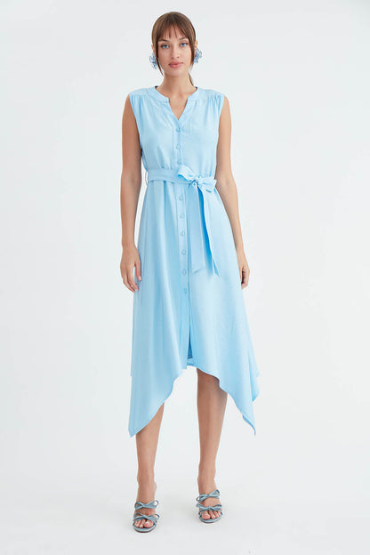 SLEEVELESS DRESS WITH FRONT BUTTON BELT