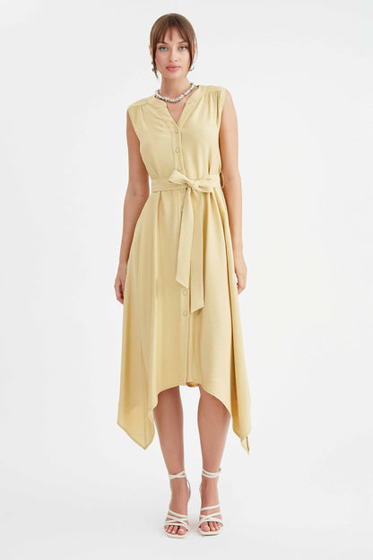 SLEEVELESS DRESS WITH FRONT BUTTON BELT