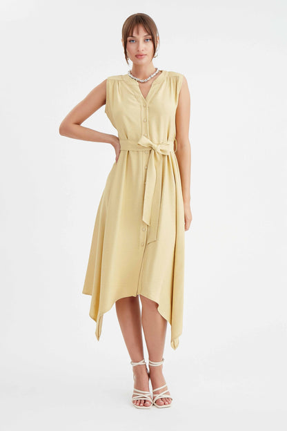 SLEEVELESS DRESS WITH FRONT BUTTON BELT