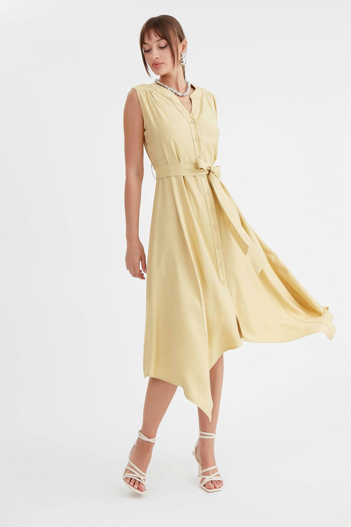 SLEEVELESS DRESS WITH FRONT BUTTON BELT