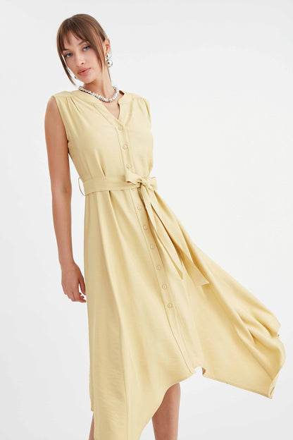 SLEEVELESS DRESS WITH FRONT BUTTON BELT