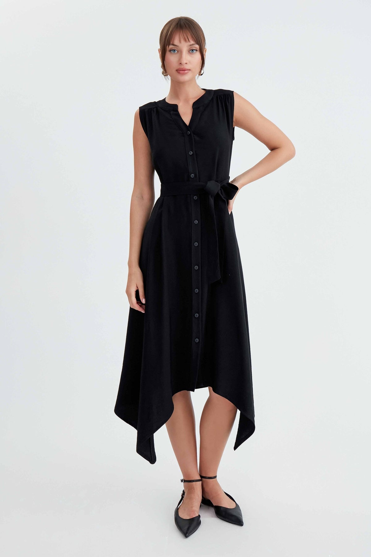 SLEEVELESS DRESS WITH FRONT BUTTON BELT