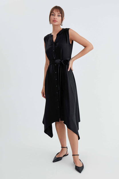 SLEEVELESS DRESS WITH FRONT BUTTON BELT