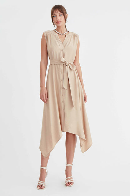 SLEEVELESS DRESS WITH FRONT BUTTON BELT