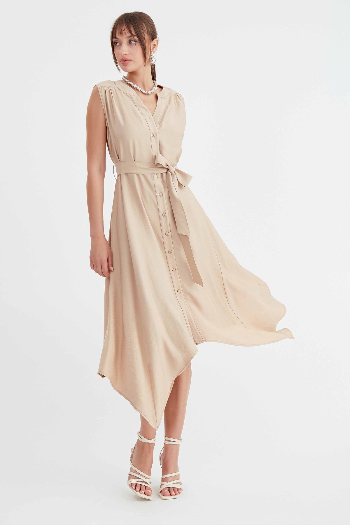 SLEEVELESS DRESS WITH FRONT BUTTON BELT