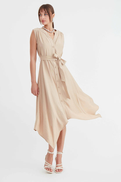 SLEEVELESS DRESS WITH FRONT BUTTON BELT