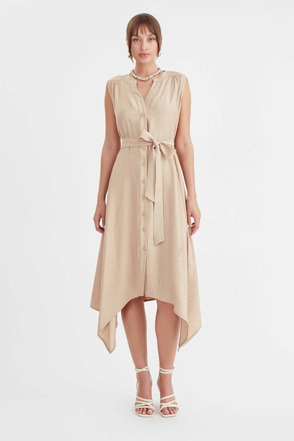 SLEEVELESS DRESS WITH FRONT BUTTON BELT