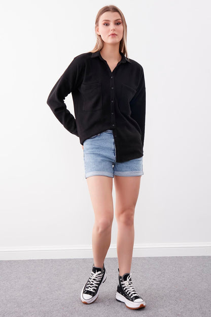 FRONT BUTTONED WITH POCKETS KNITTED BLOUSE
