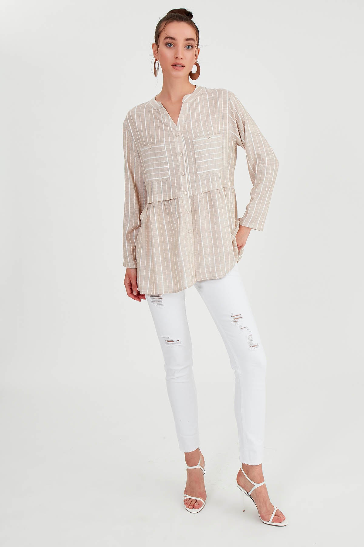 FRONT BUTTON BLOUSE WITH LINES