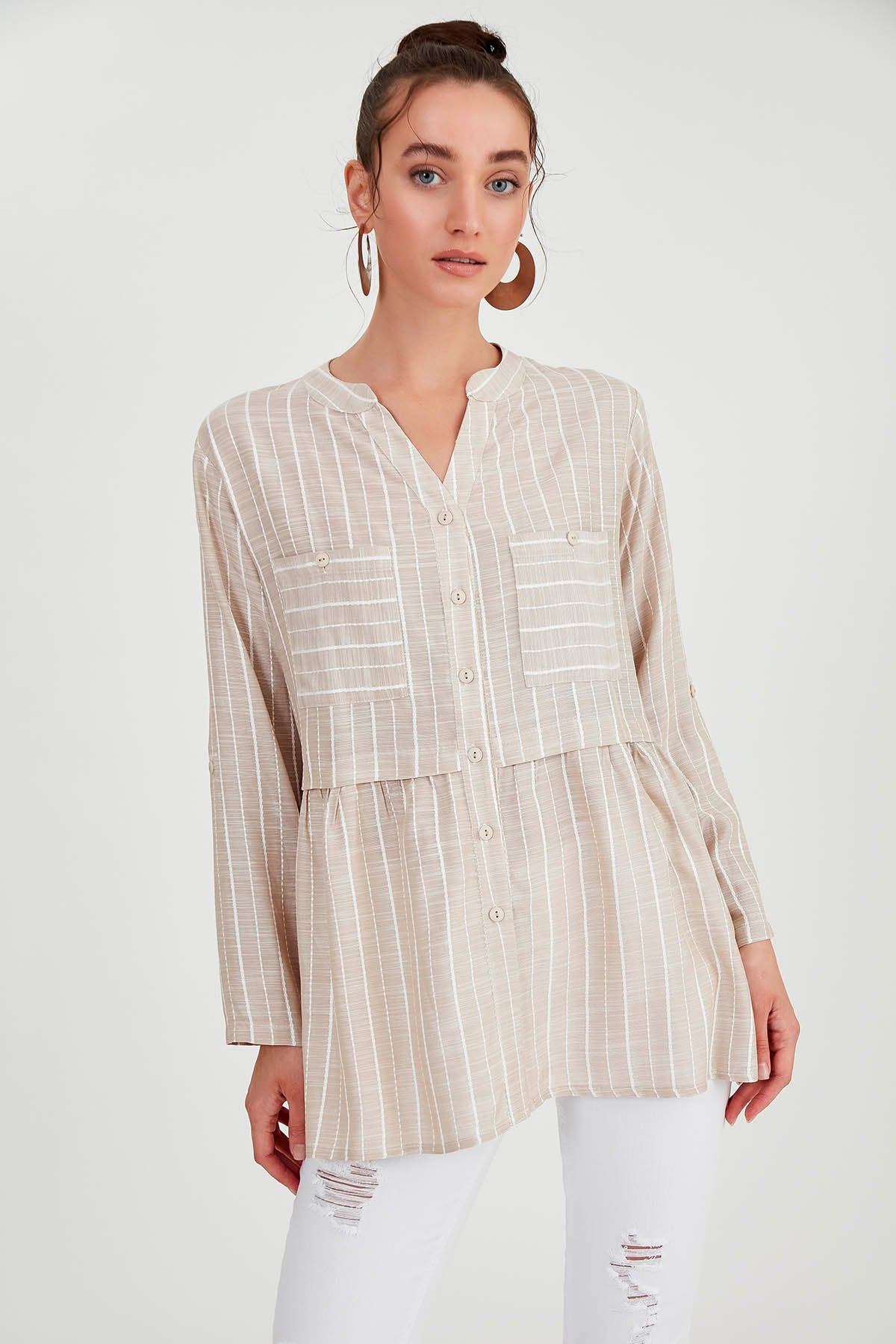 FRONT BUTTON BLOUSE WITH LINES