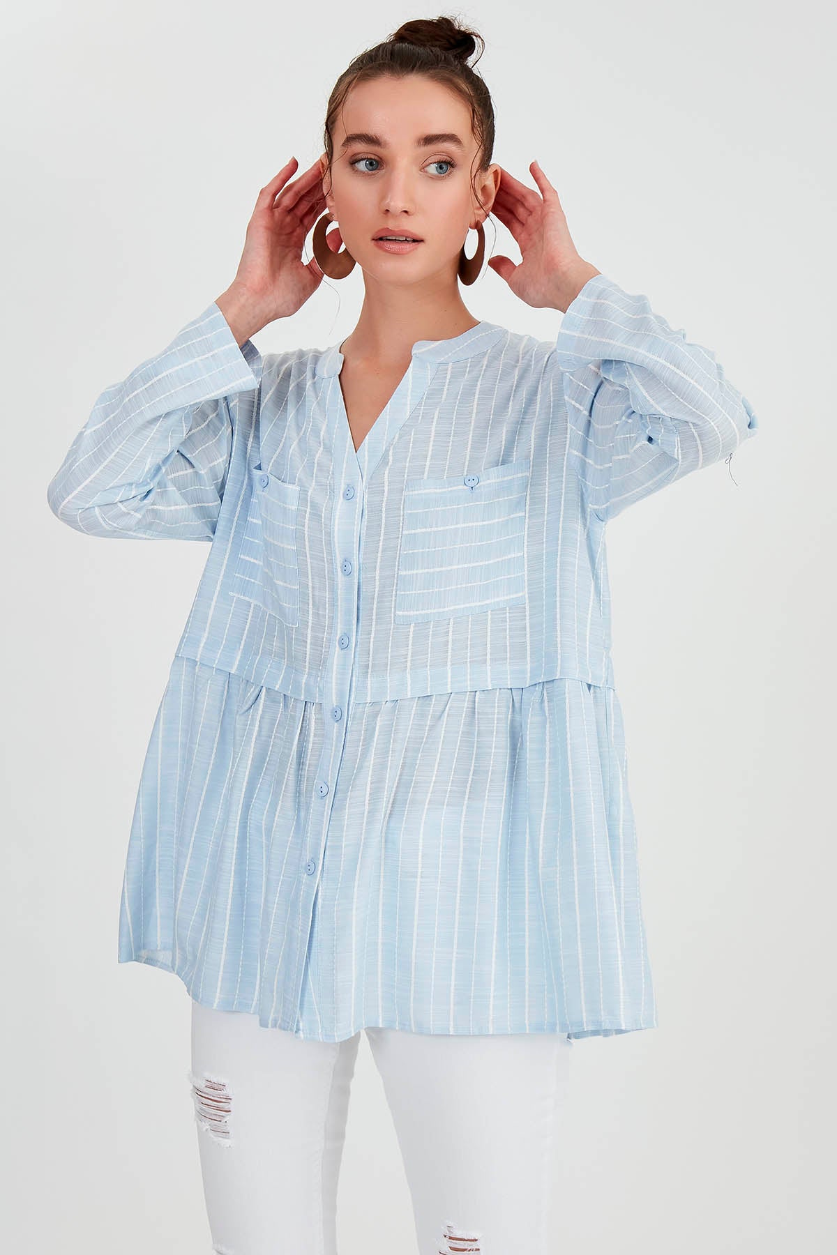 FRONT BUTTON BLOUSE WITH LINES