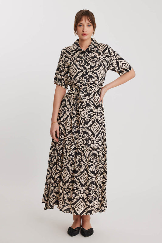 LONG DRESS WITH ETHNIC PATTERN AND FRONT BUTTON