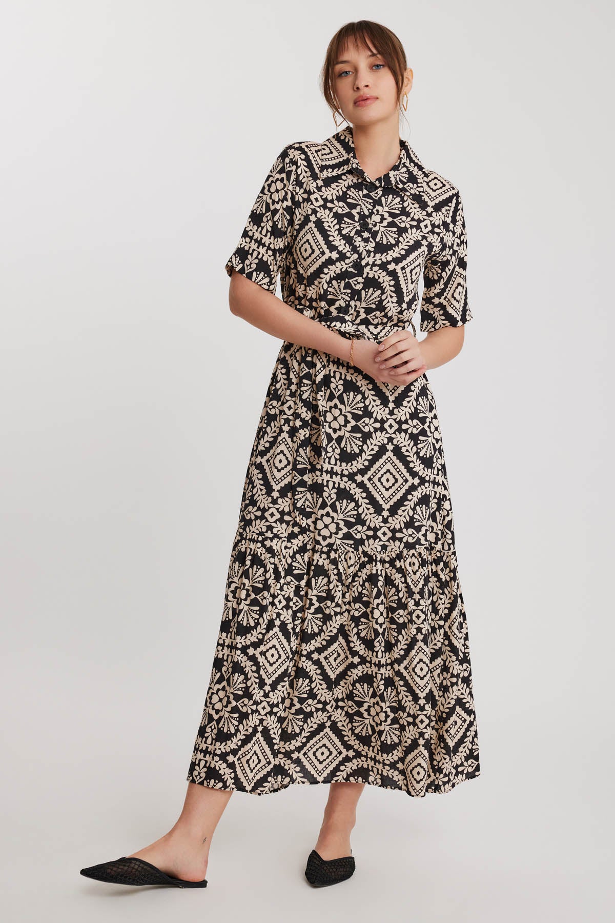 LONG DRESS WITH ETHNIC PATTERN AND FRONT BUTTON