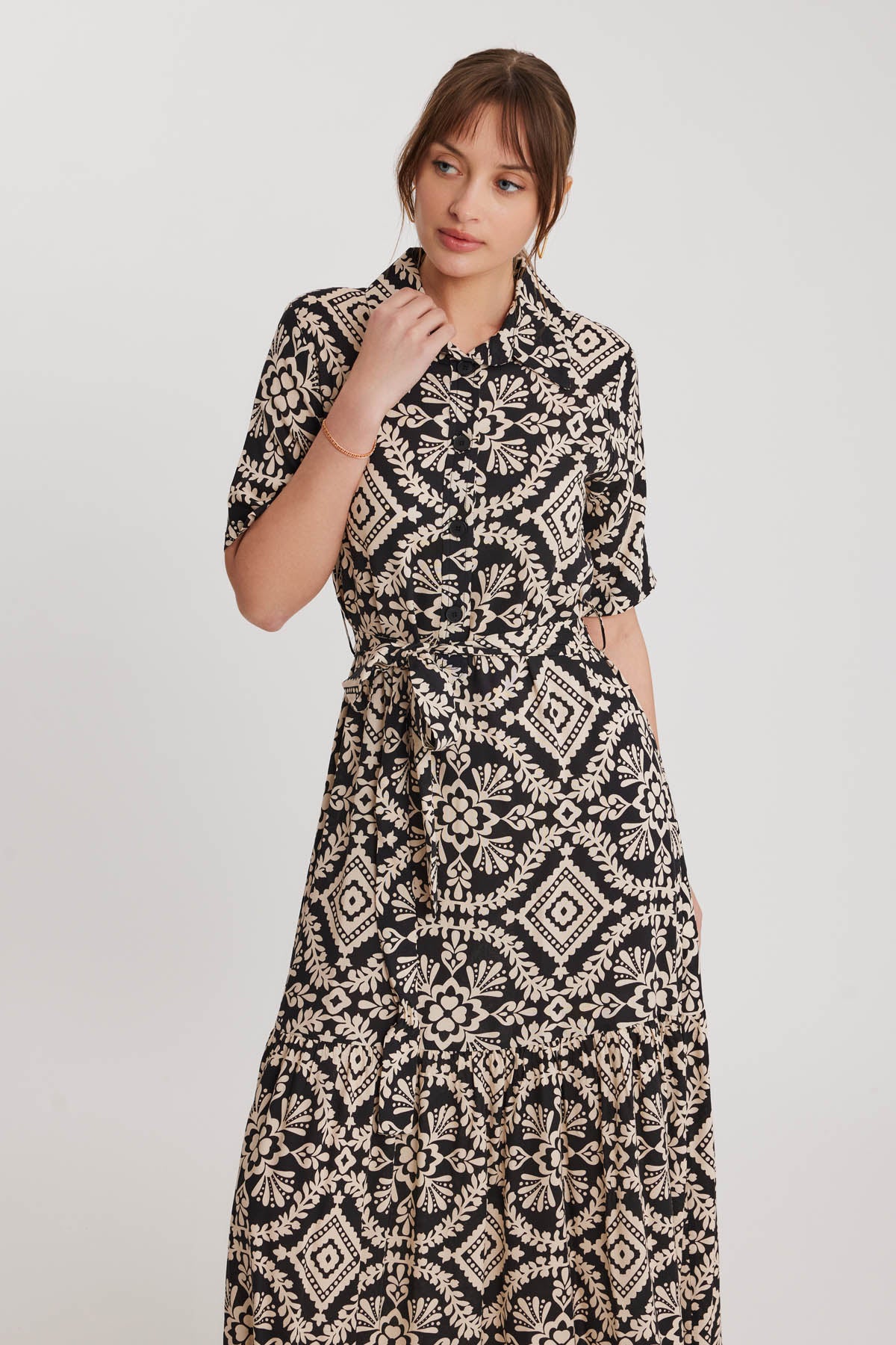 LONG DRESS WITH ETHNIC PATTERN AND FRONT BUTTON
