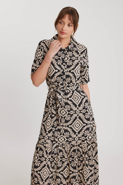 LONG DRESS WITH ETHNIC PATTERN AND FRONT BUTTON