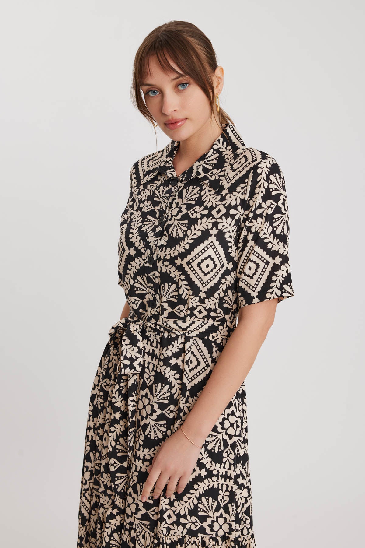 LONG DRESS WITH ETHNIC PATTERN AND FRONT BUTTON