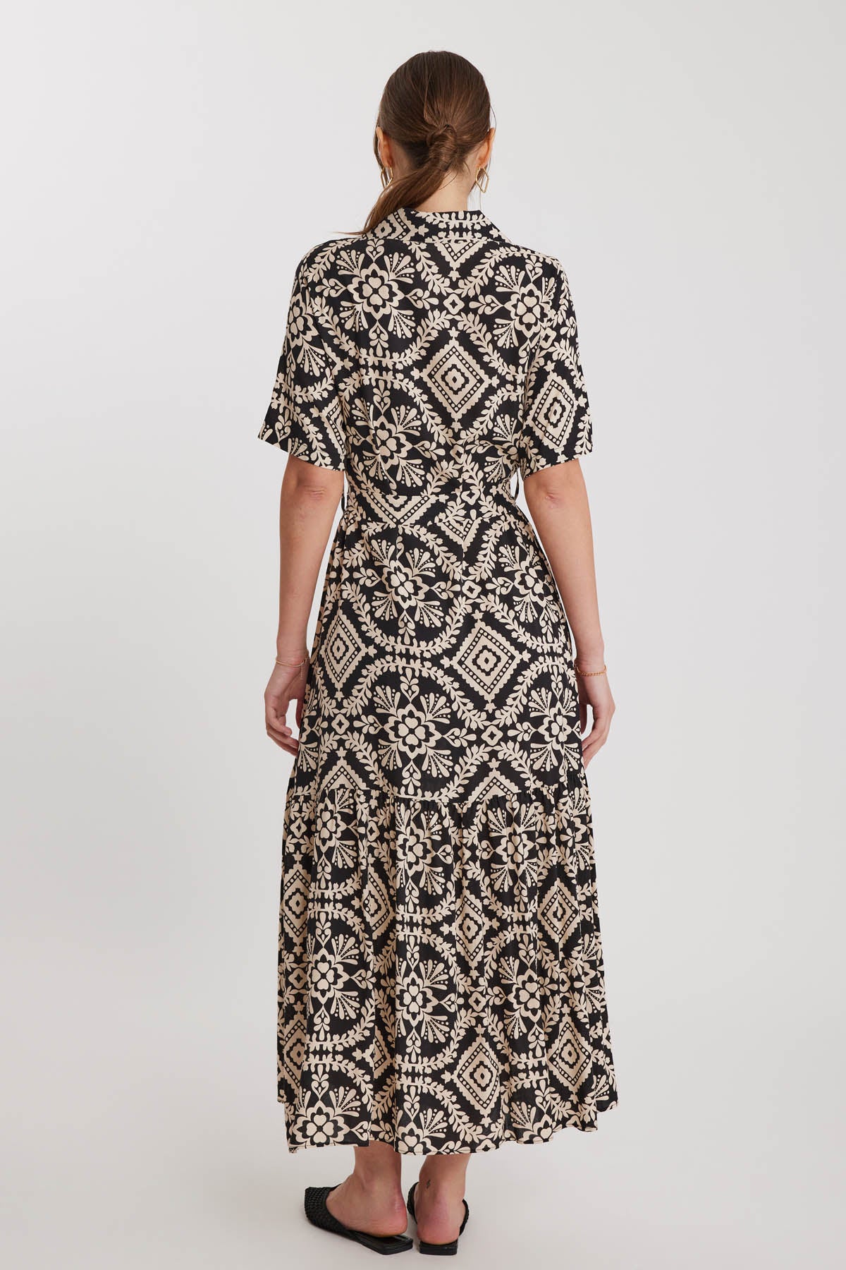 LONG DRESS WITH ETHNIC PATTERN AND FRONT BUTTON