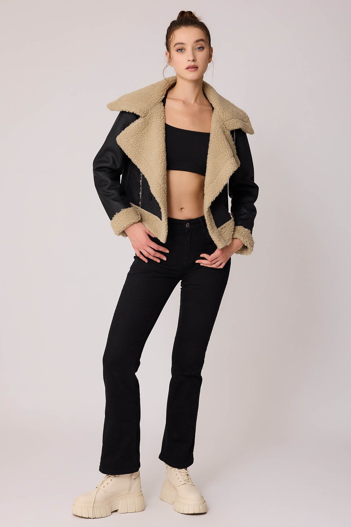 FUR CROP BIKER JACKET WITH FRONT BUTTON