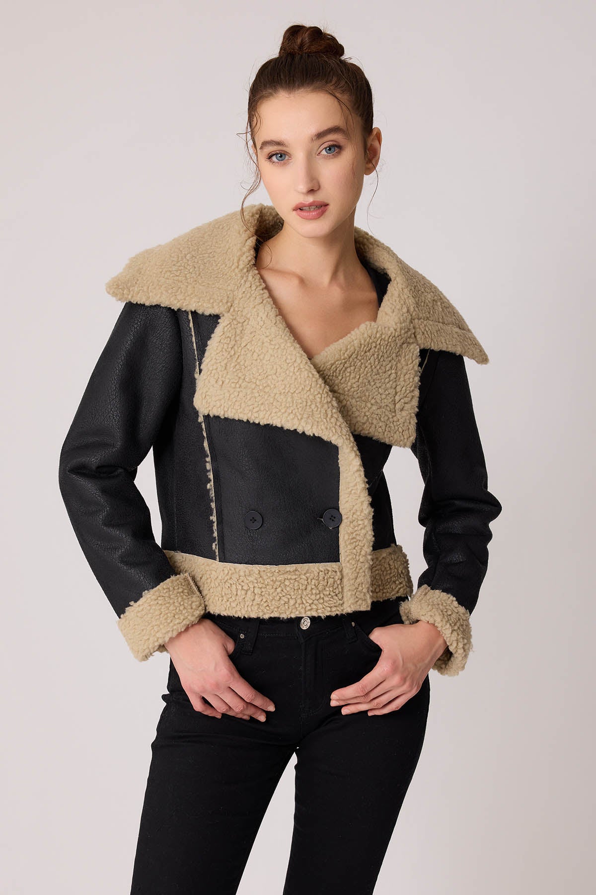 FUR CROP BIKER JACKET WITH FRONT BUTTON