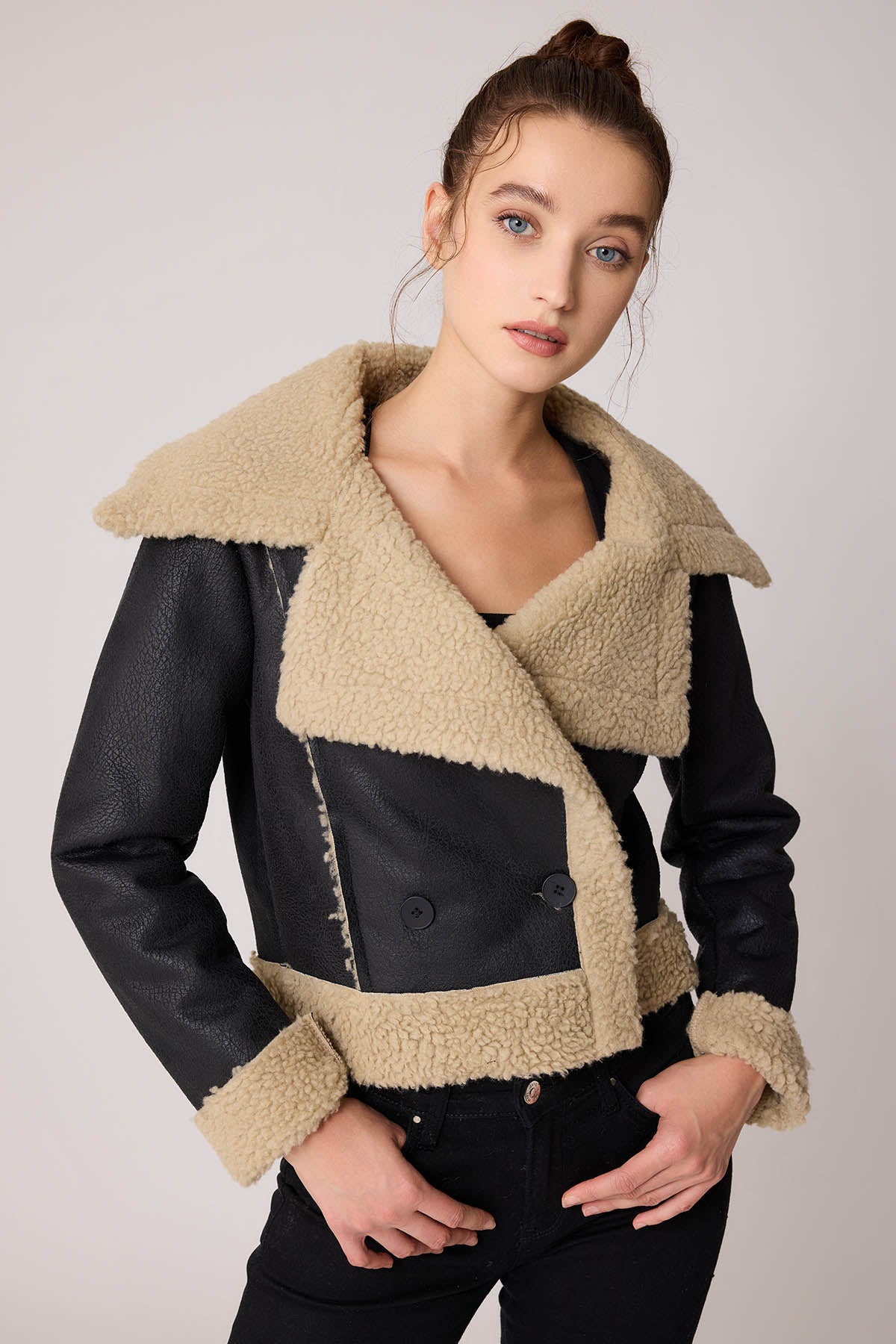 FUR CROP BIKER JACKET WITH FRONT BUTTON