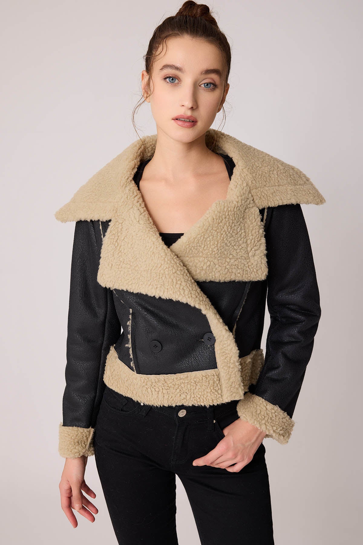 FUR CROP BIKER JACKET WITH FRONT BUTTON