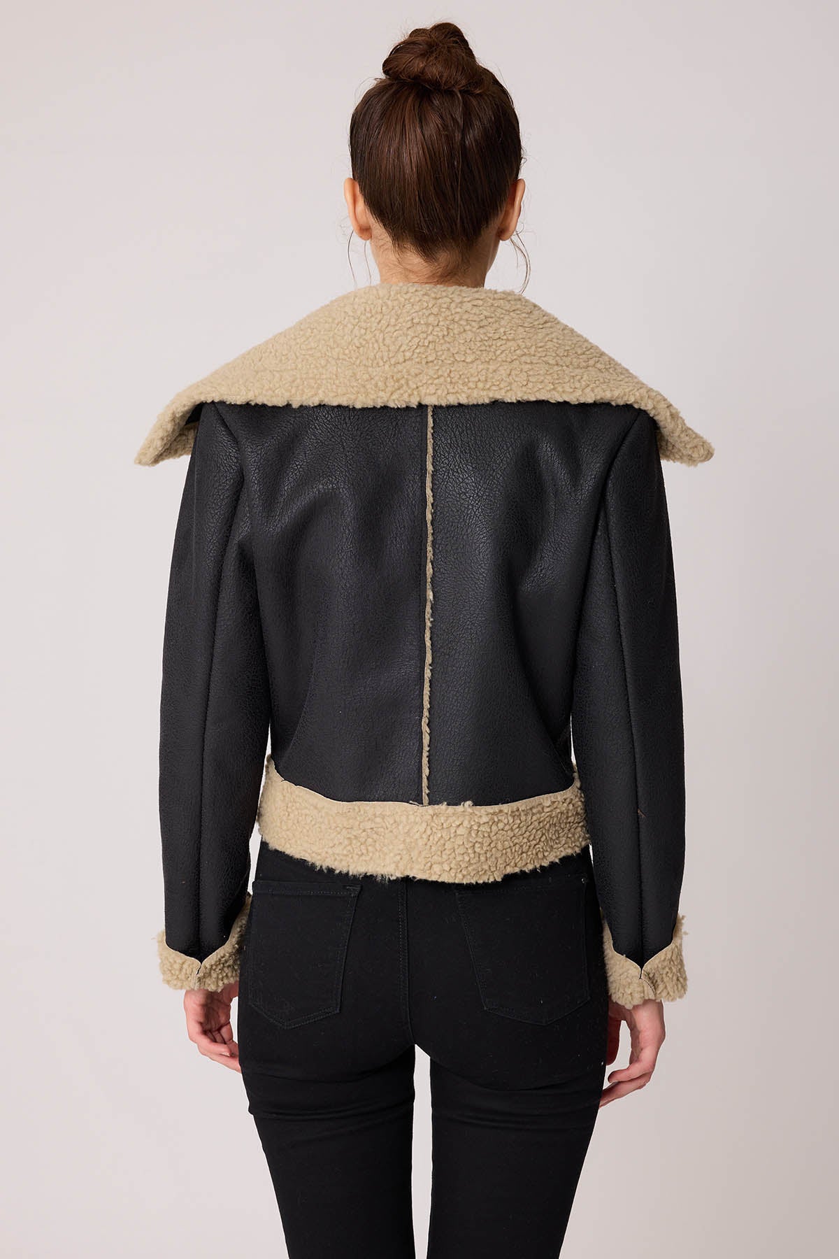 FUR CROP BIKER JACKET WITH FRONT BUTTON