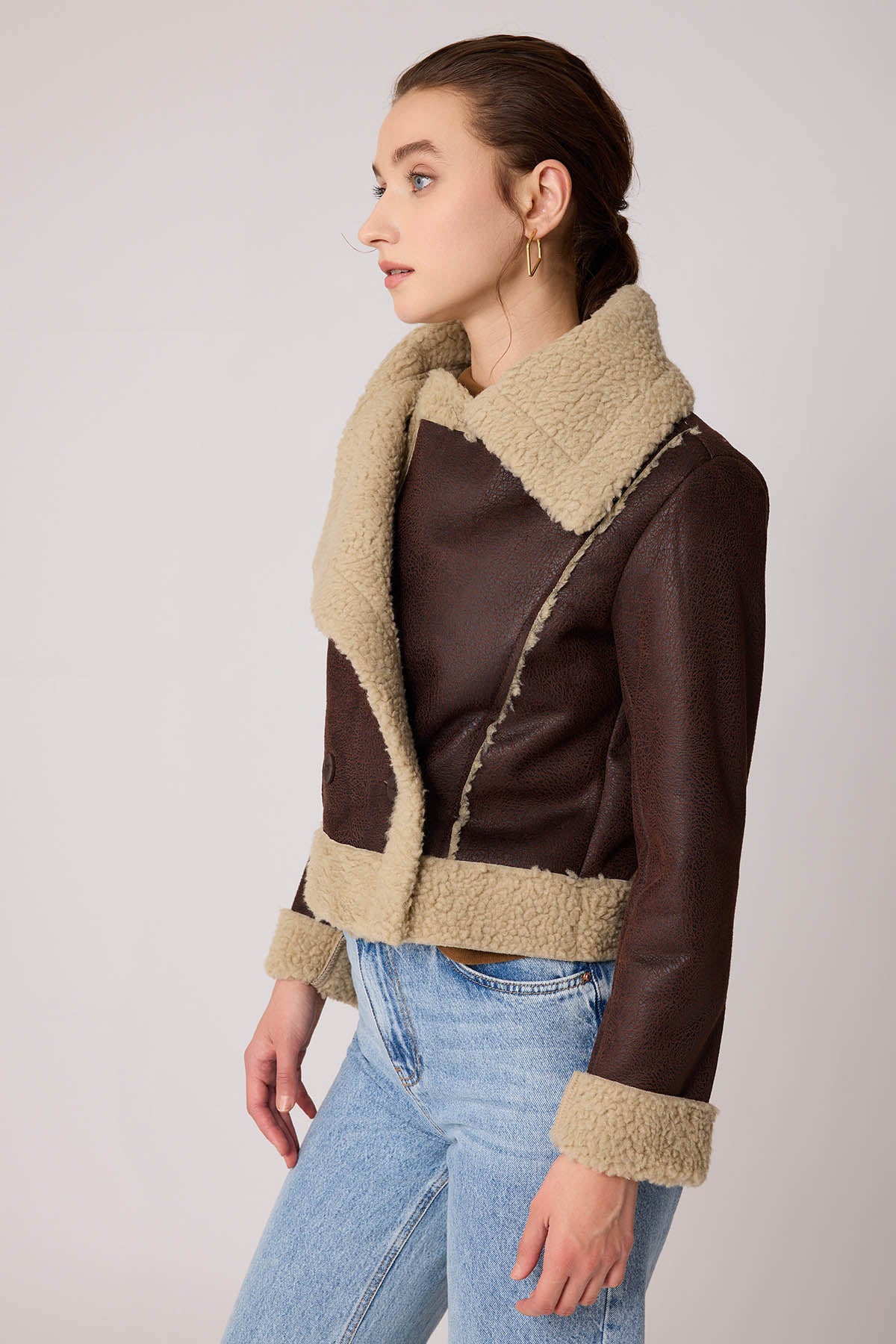 FUR CROP BIKER JACKET WITH FRONT BUTTON