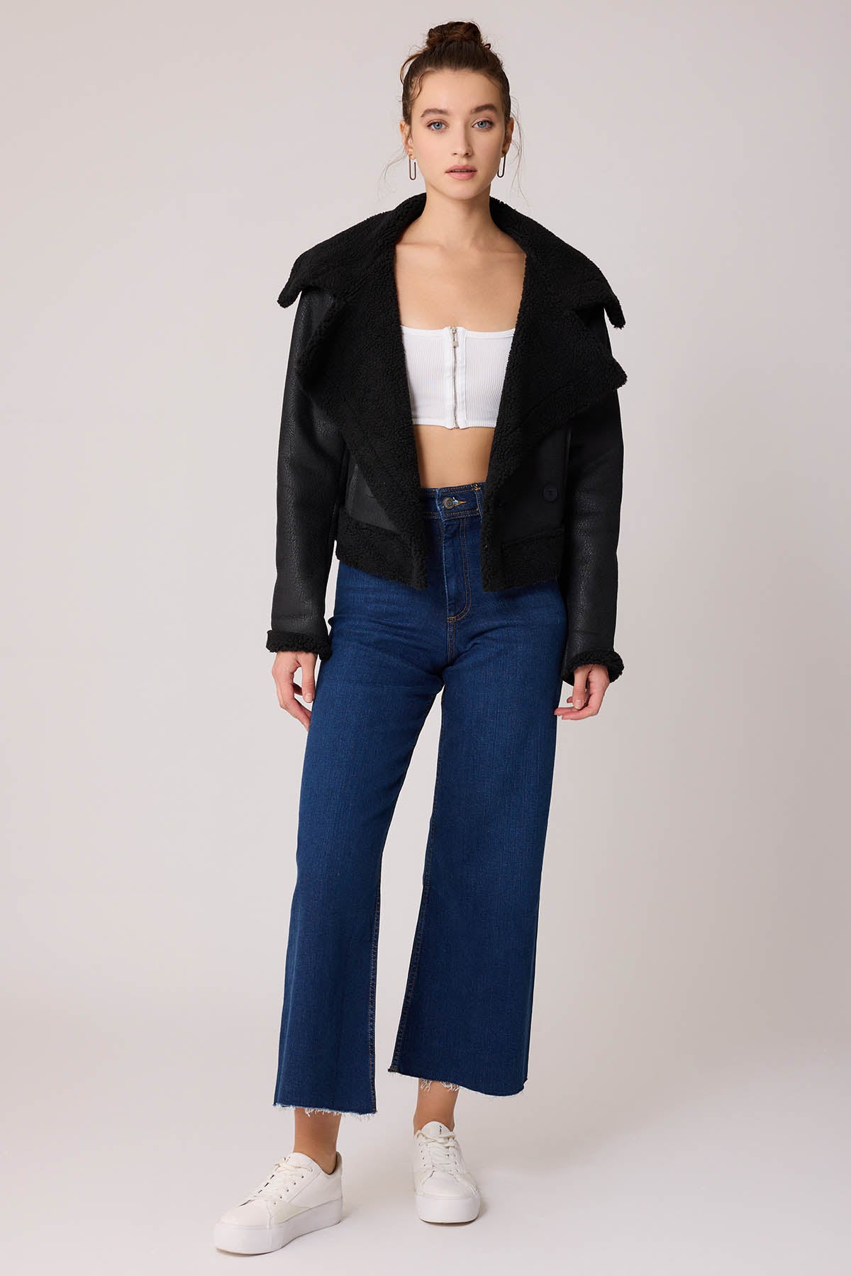 FUR CROP BIKER JACKET WITH FRONT BUTTON