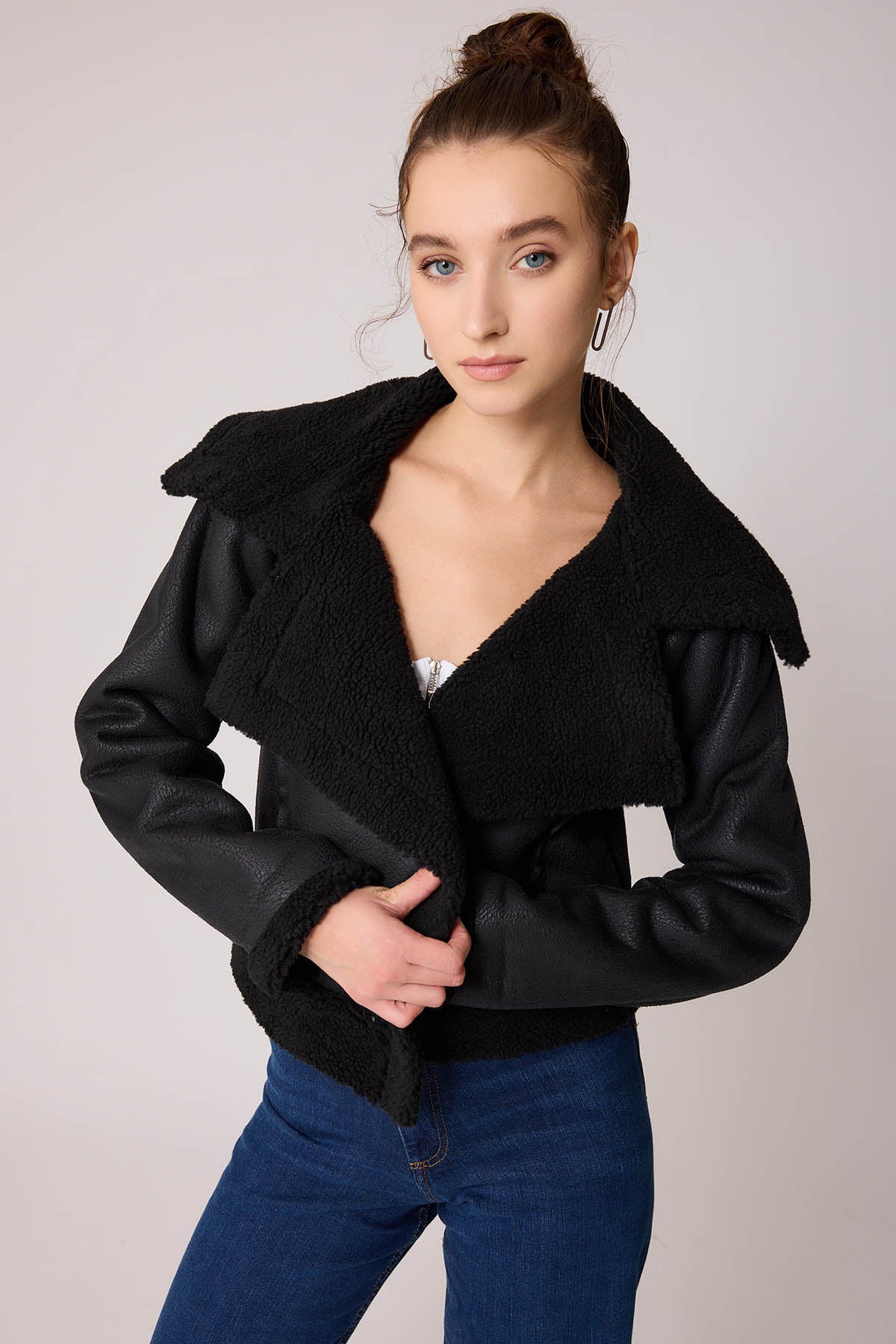 FUR CROP BIKER JACKET WITH FRONT BUTTON