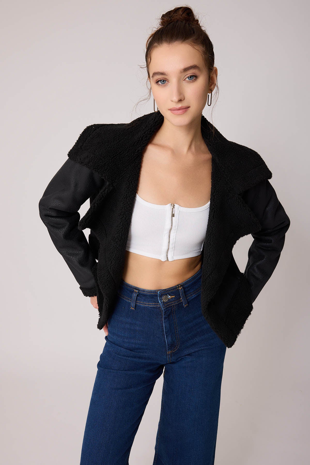 FUR CROP BIKER JACKET WITH FRONT BUTTON