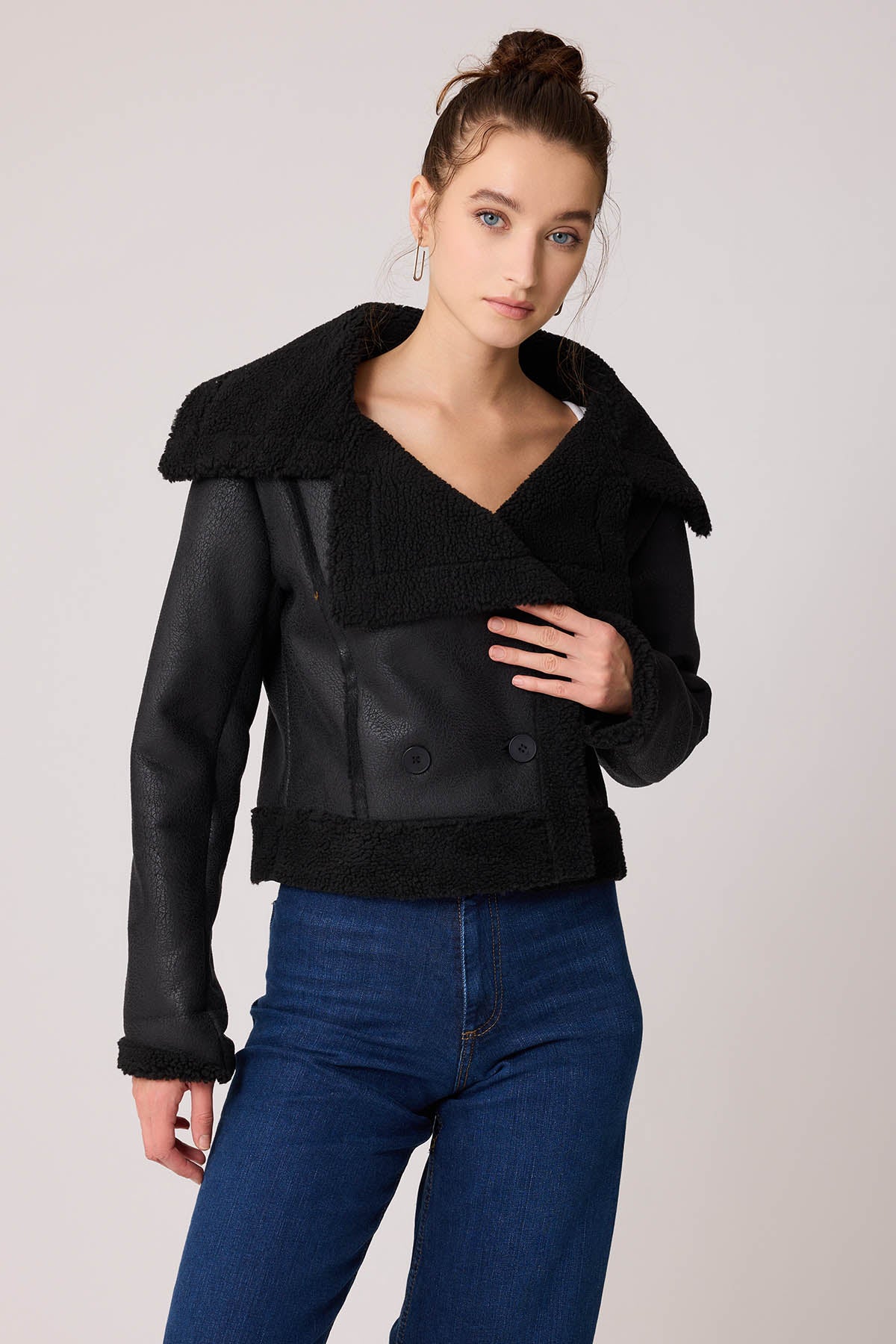 FUR CROP BIKER JACKET WITH FRONT BUTTON