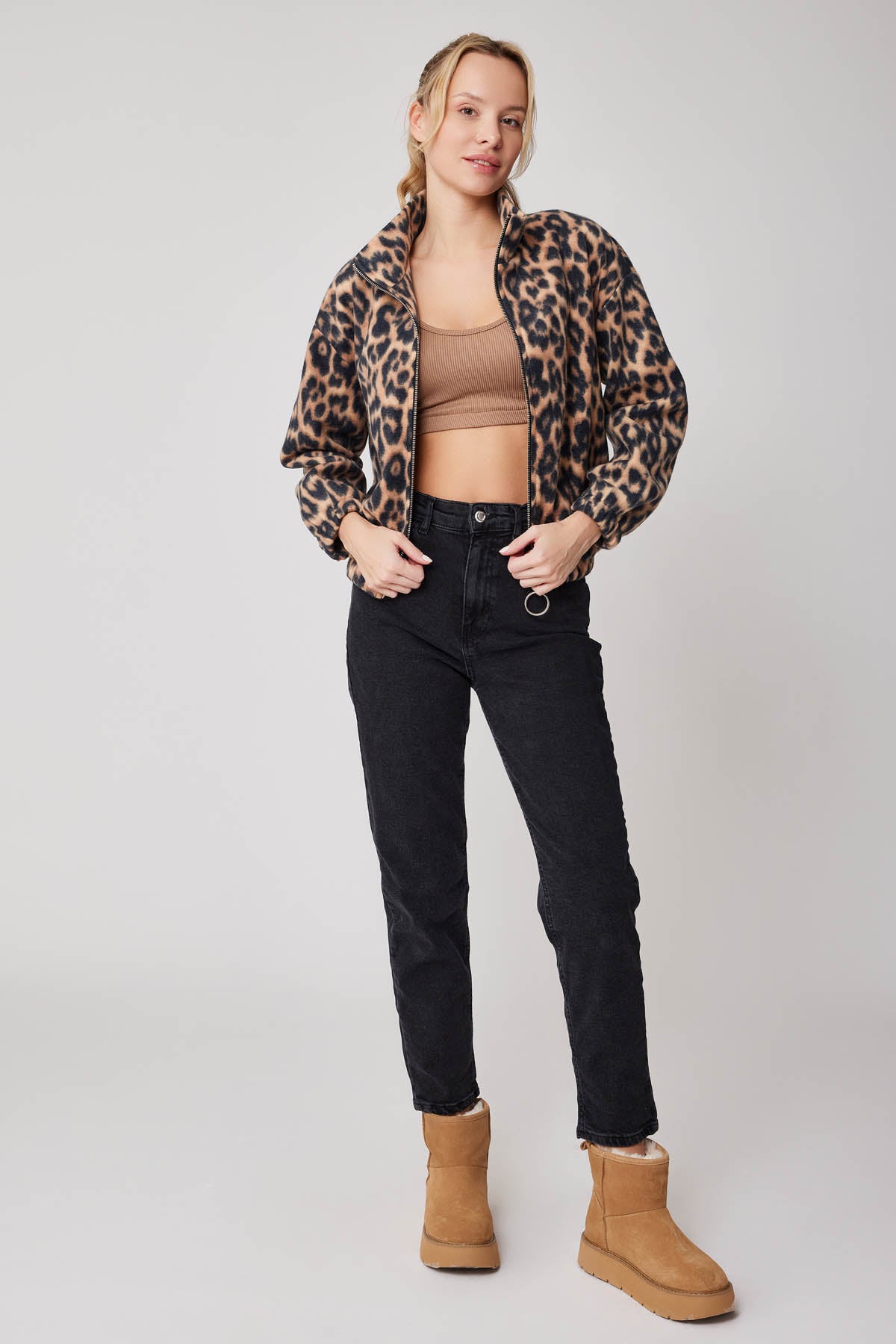 ZIPPERED POLAR JACKET WITH LEOPARD PATTERN