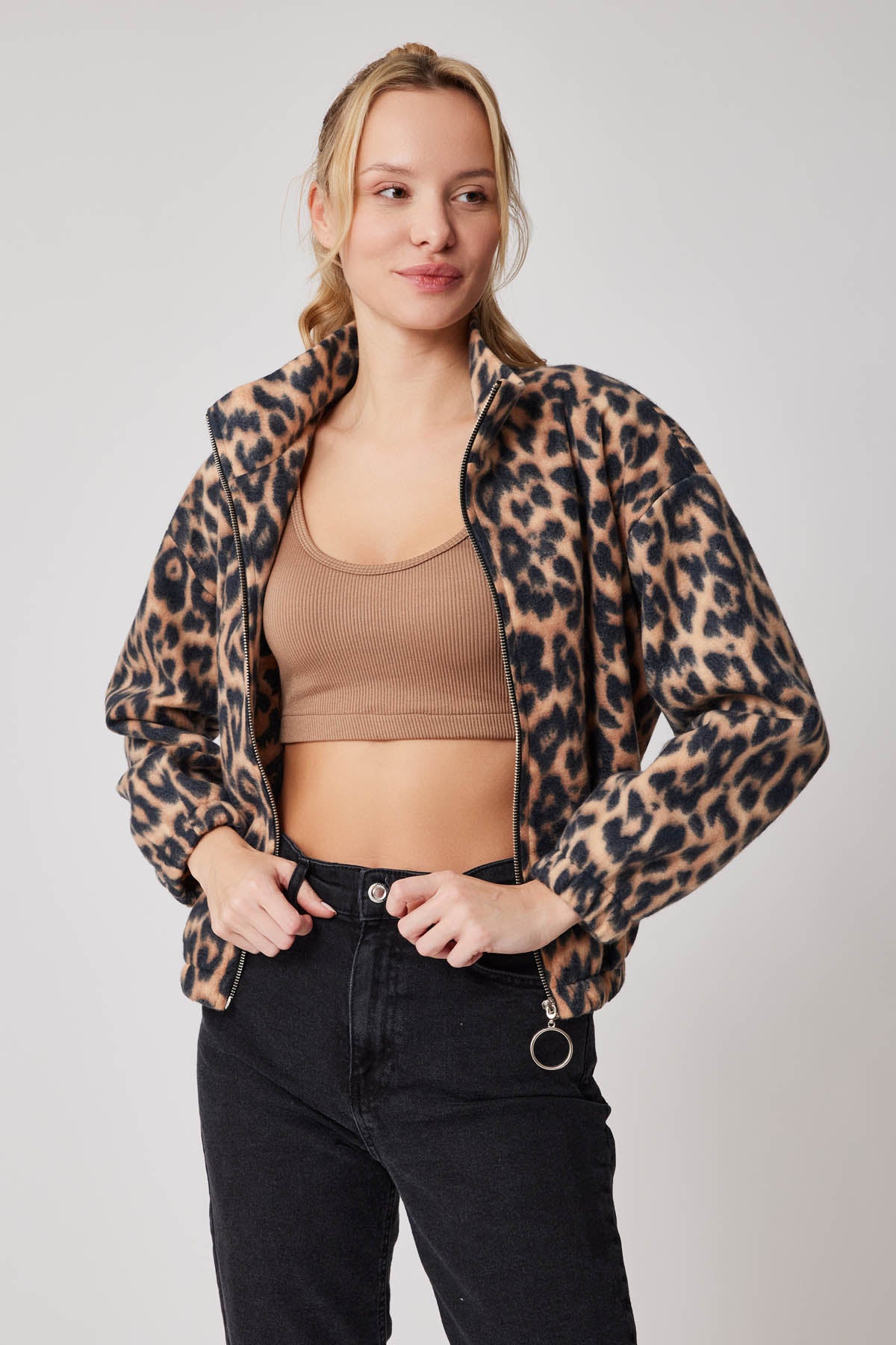 ZIPPERED POLAR JACKET WITH LEOPARD PATTERN