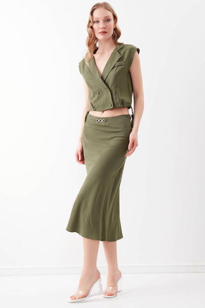 CHAIN DETAILED WAIST MIDI HEIGHT SKIRT FRONT