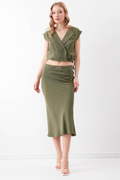 CHAIN DETAILED WAIST MIDI HEIGHT SKIRT FRONT