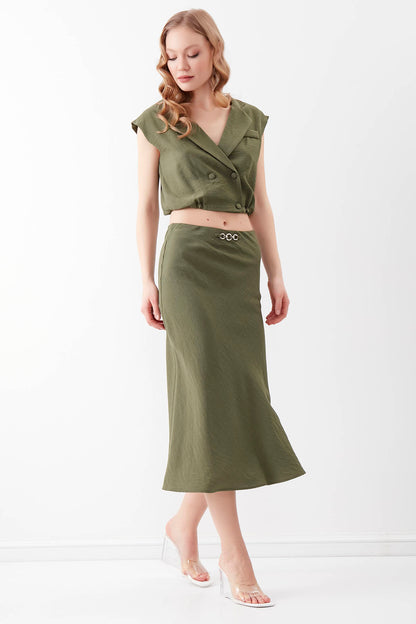 CHAIN DETAILED WAIST MIDI HEIGHT SKIRT FRONT