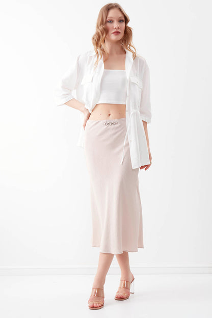 CHAIN DETAILED WAIST MIDI HEIGHT SKIRT FRONT
