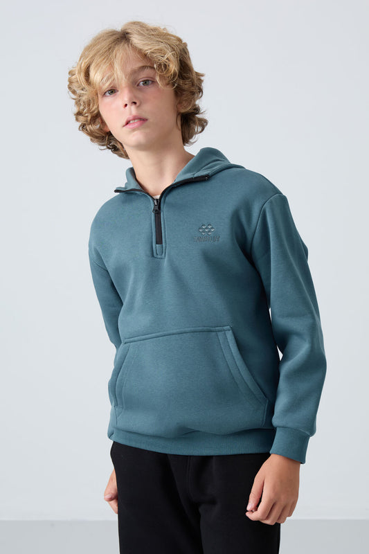 Forest Green Cotton Thick Fleece-Lined Soft Textured Standard Fit Embroidered Boys' Sweatshirt - 11244