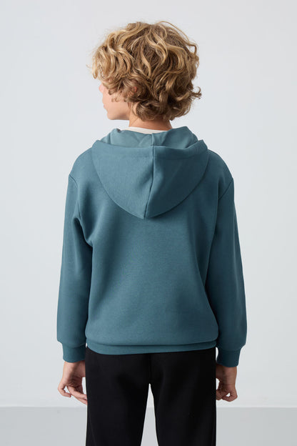 Forest Green Cotton Thick Fleece-Lined Soft Textured Standard Fit Embroidered Boys' Sweatshirt - 11244