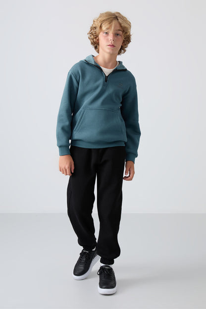 Forest Green Cotton Thick Fleece-Lined Soft Textured Standard Fit Embroidered Boys' Sweatshirt - 11244