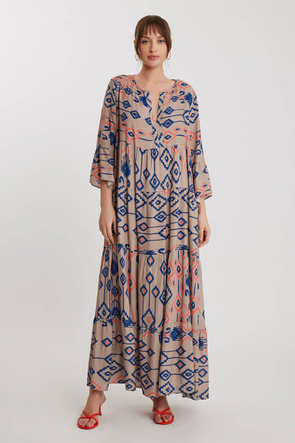 LONG DRESS WITH AUTHENTIC PATTERN SLEEVE FRILL