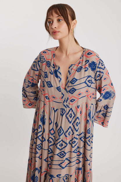 LONG DRESS WITH AUTHENTIC PATTERN SLEEVE FRILL