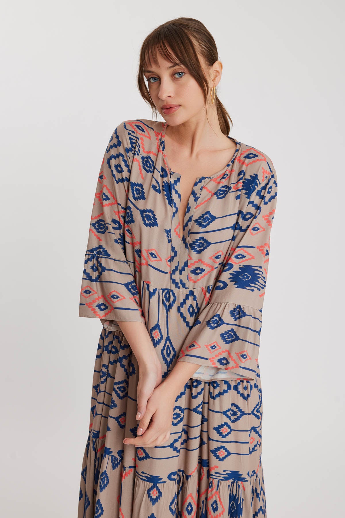 LONG DRESS WITH AUTHENTIC PATTERN SLEEVE FRILL