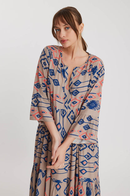 LONG DRESS WITH AUTHENTIC PATTERN SLEEVE FRILL