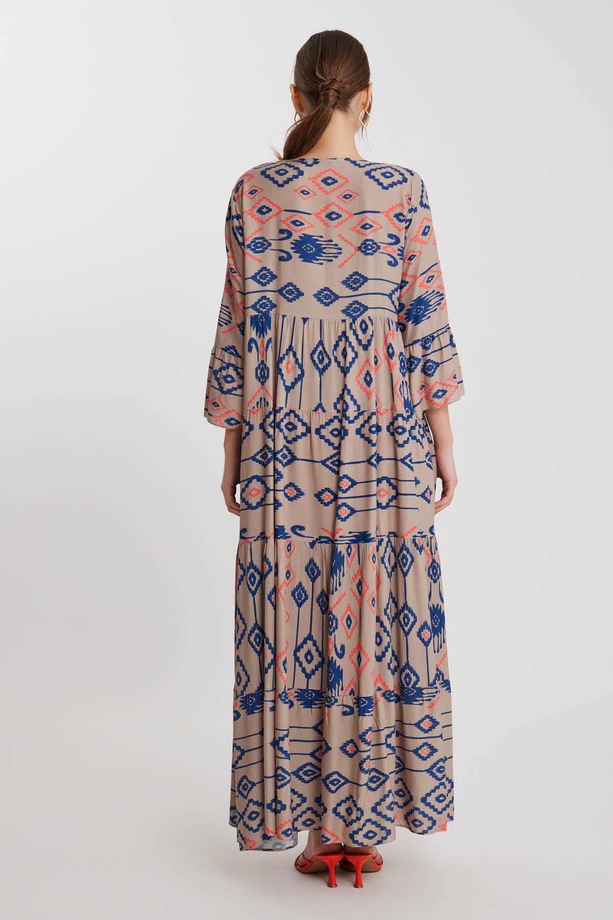LONG DRESS WITH AUTHENTIC PATTERN SLEEVE FRILL
