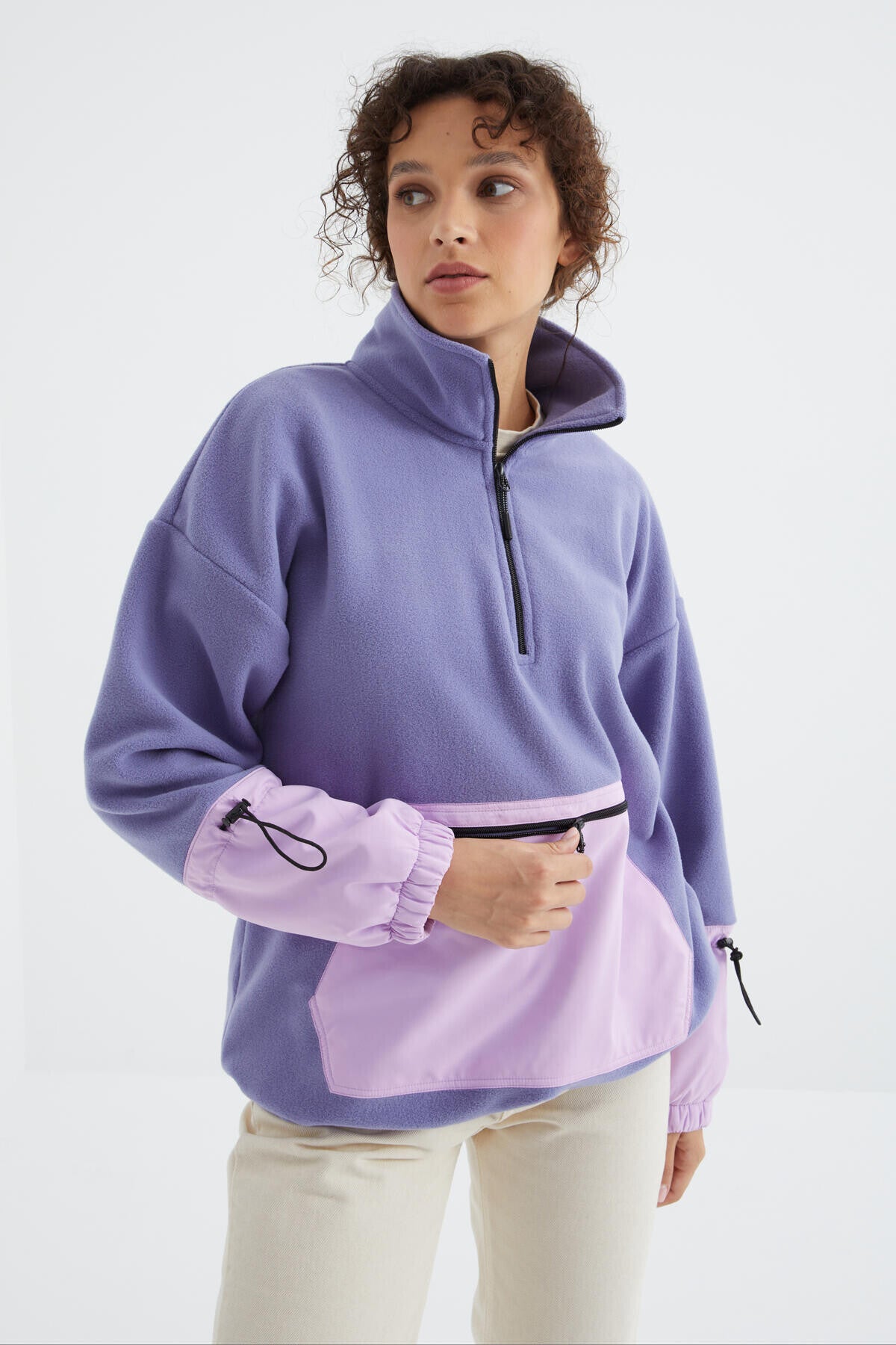 Light Purple Skirt Hem Gather Half Zipper Oversize Women's Fleece Sweatshirt - 97238
