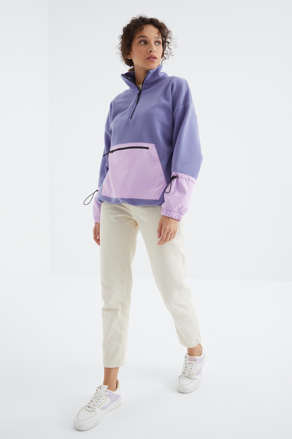 Light Purple Skirt Hem Gather Half Zipper Oversize Women's Fleece Sweatshirt - 97238