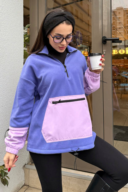 Light Purple Skirt Hem Gather Half Zipper Oversize Women's Fleece Sweatshirt - 97238