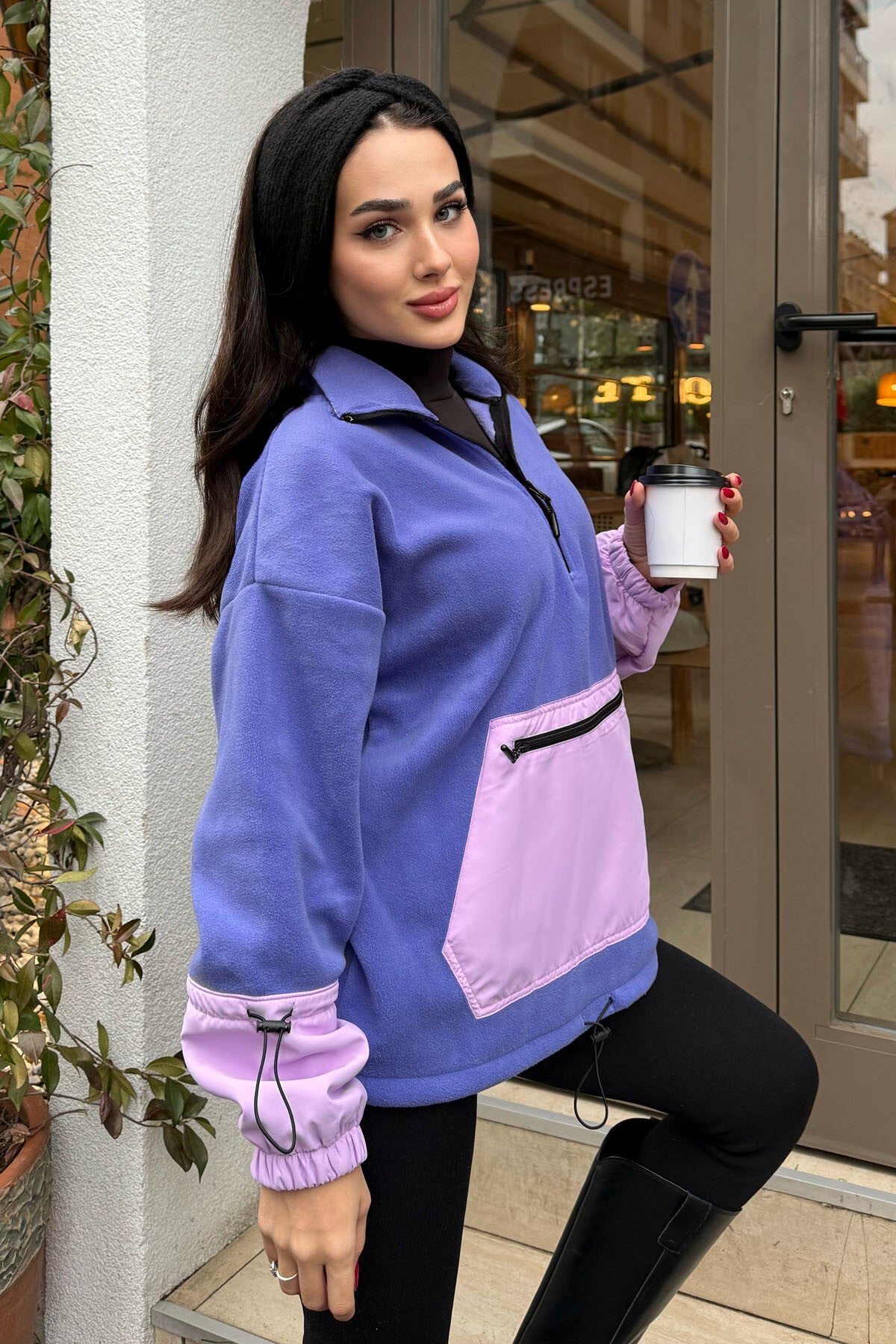 Light Purple Skirt Hem Gather Half Zipper Oversize Women's Fleece Sweatshirt - 97238