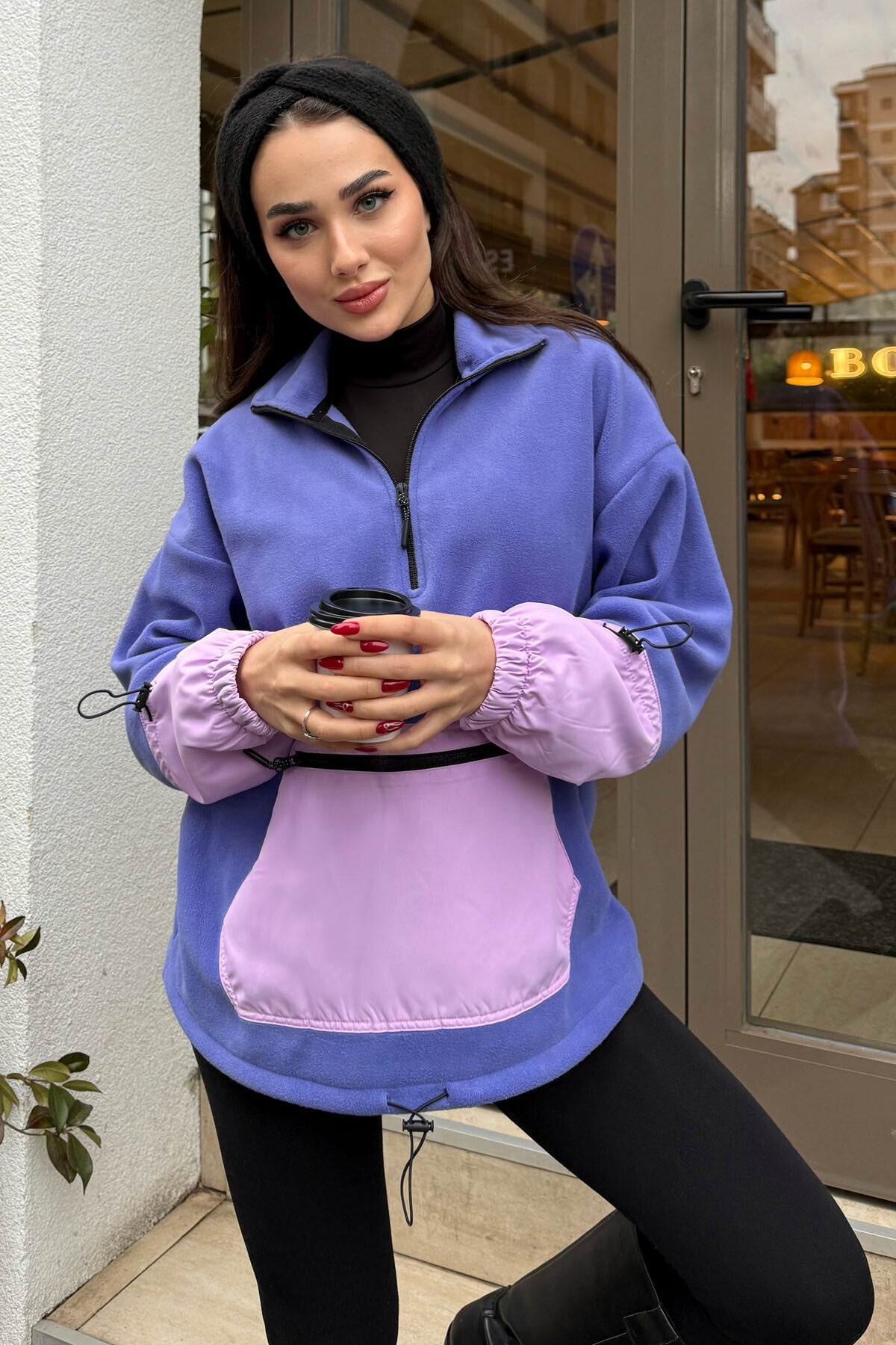 Light Purple Skirt Hem Gather Half Zipper Oversize Women's Fleece Sweatshirt - 97238